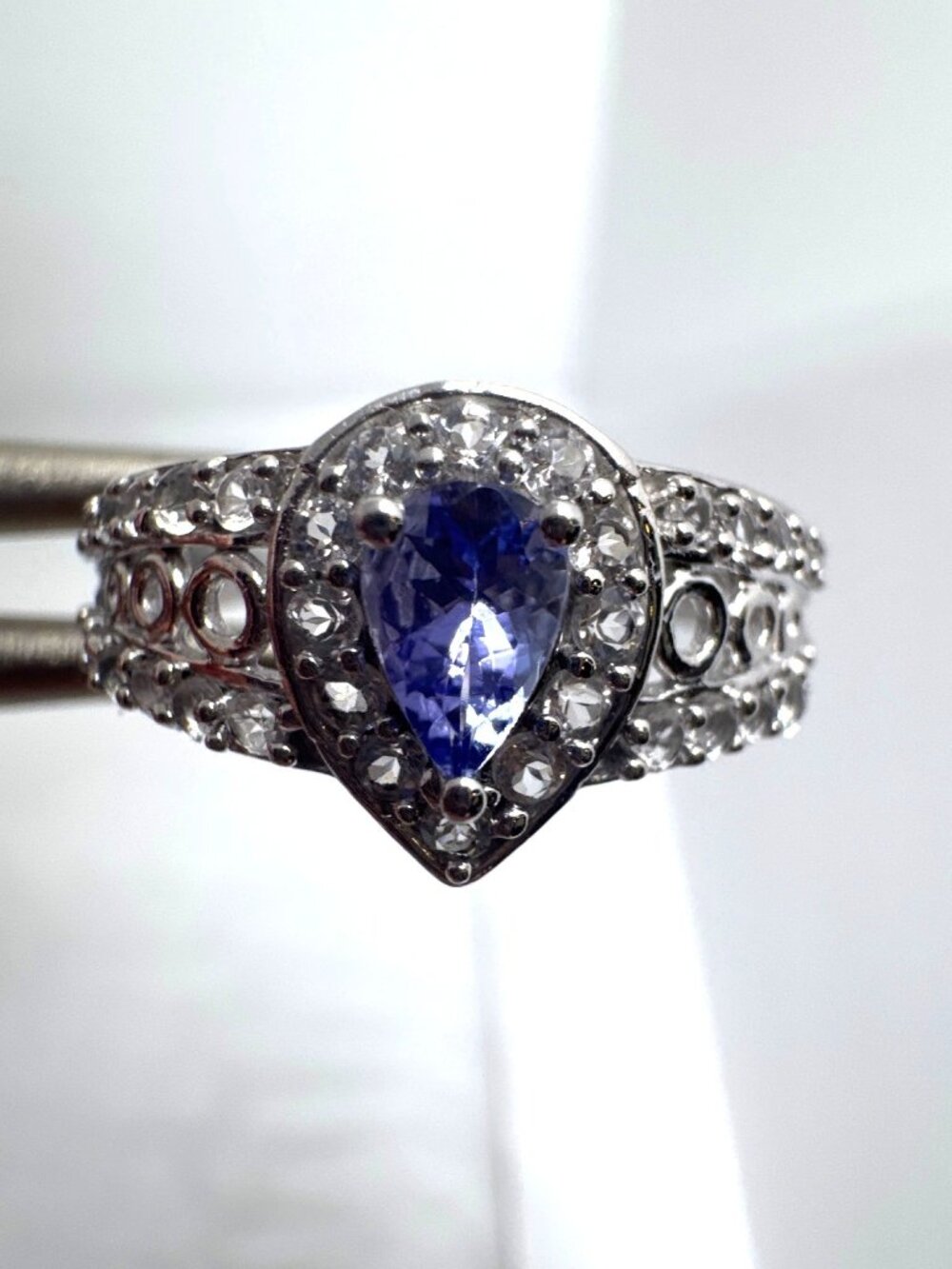 Tanzanite White Topaz Ring 925 Sterling Silver India Pear Halo Size 8 Art Deco